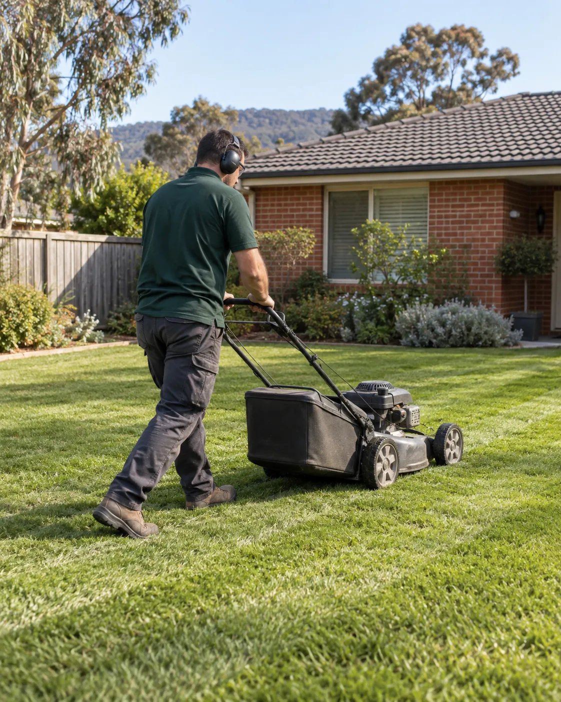 Lawn-care professional mowing a suburban lawn in an Australian neighbourhood